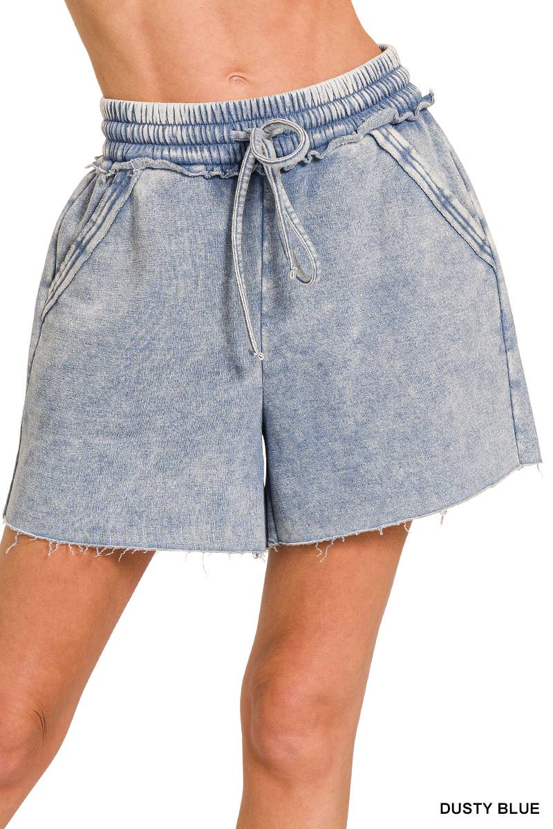 Acid Washed Fleece Shorts With Pockets