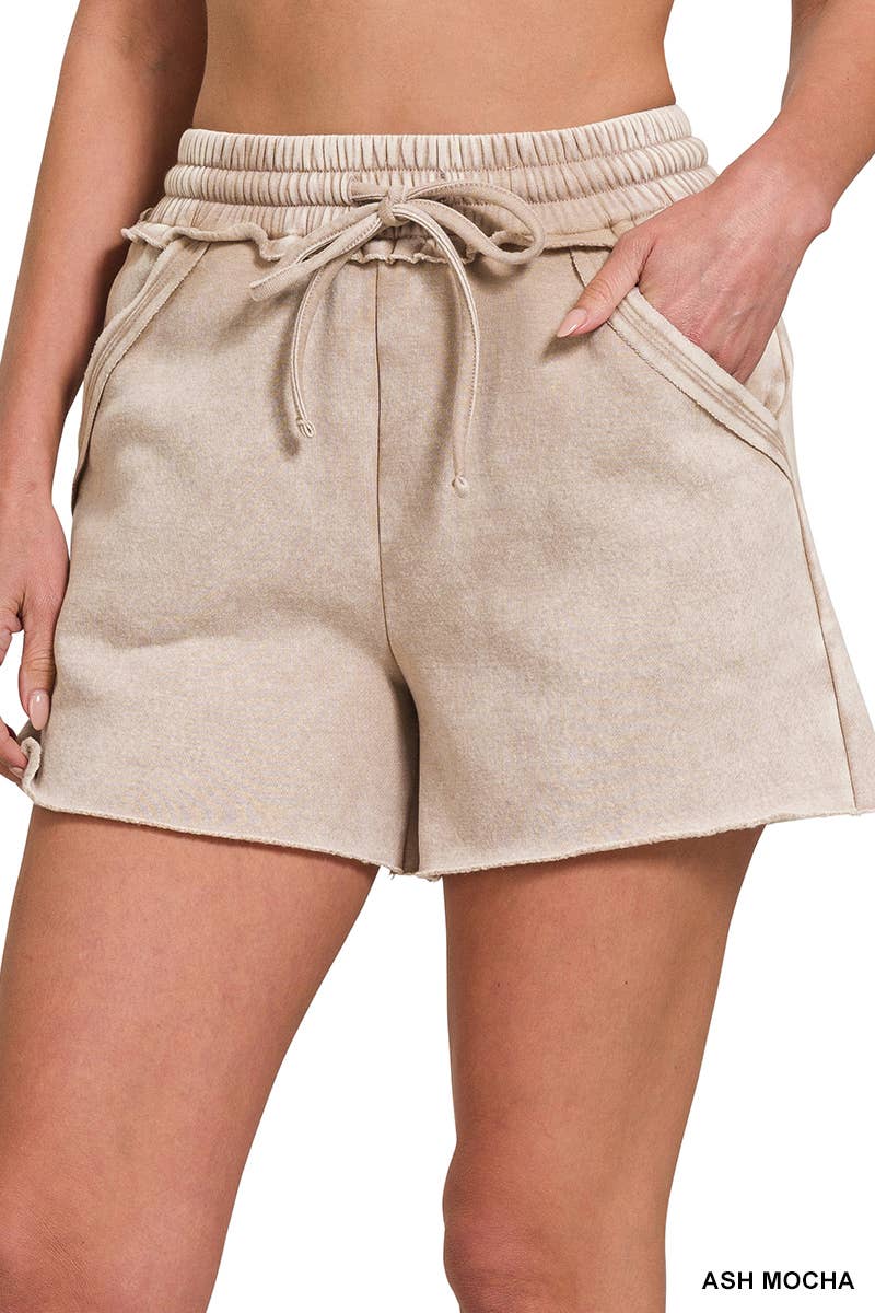 Acid Washed Fleece Shorts With Pockets