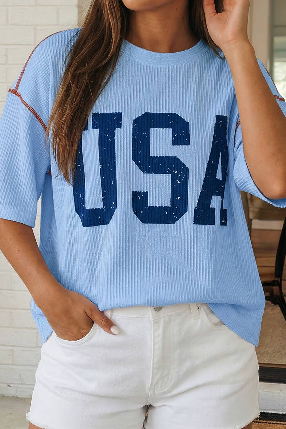 Blue USA Graphic Half Sleeve Loose Ribbed Top | Queen Bee Boutique