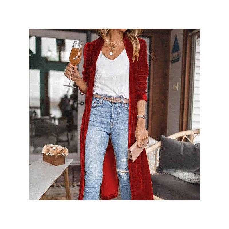Loose Red Velvet Long Cardigan Coat Duster | Queen Bee Boutique