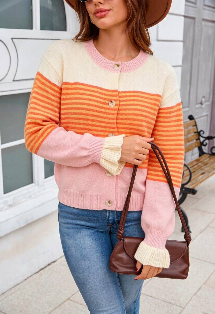Contrast Stripe Button Front Cardigan