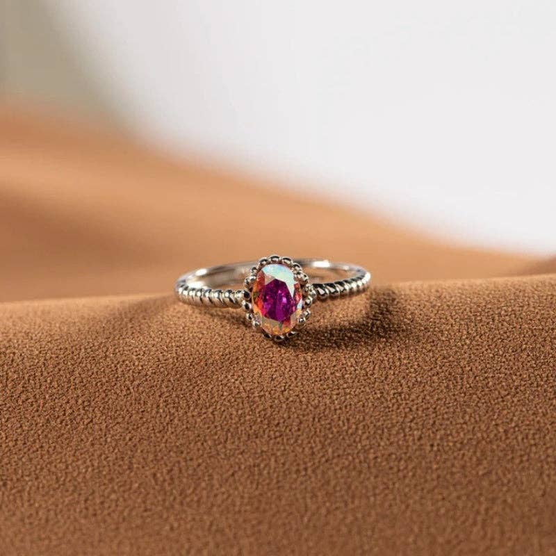 Oval-Cut Aurora Crystal Band Ring in 925 Sterling Silver