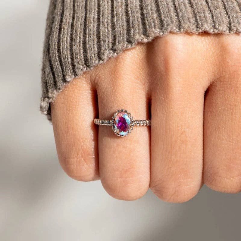 Oval-Cut Aurora Crystal Band Ring in 925 Sterling Silver