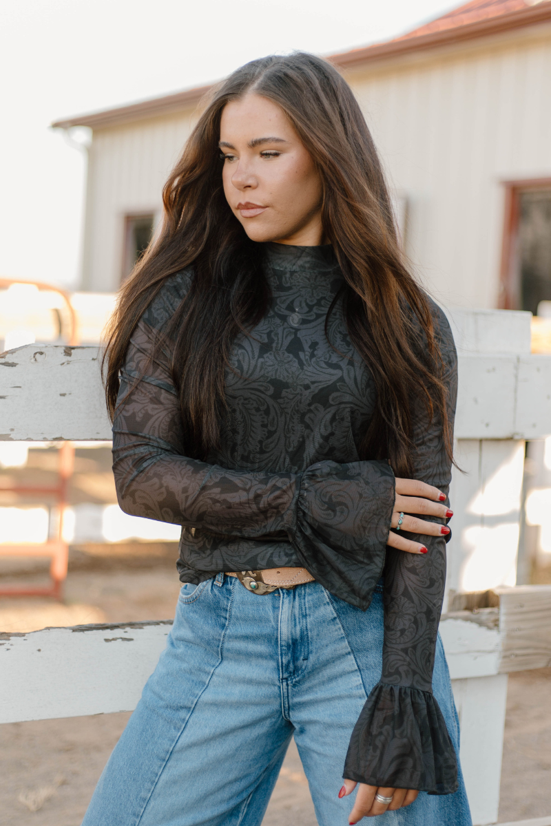 Tooled In Black Mesh Top Bell Sleeves | Queen Bee Boutique