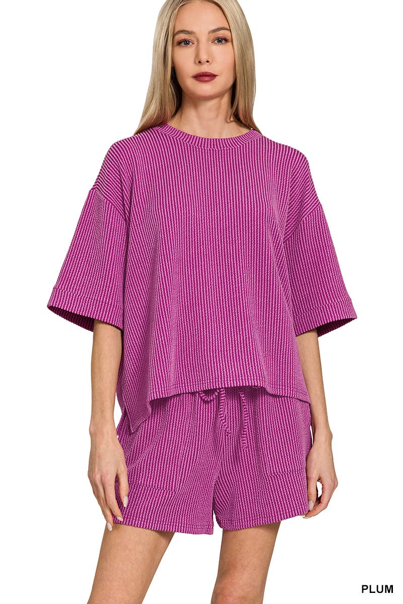 Corded Rib Half Sleeve Tee & Shorts 2PC Set