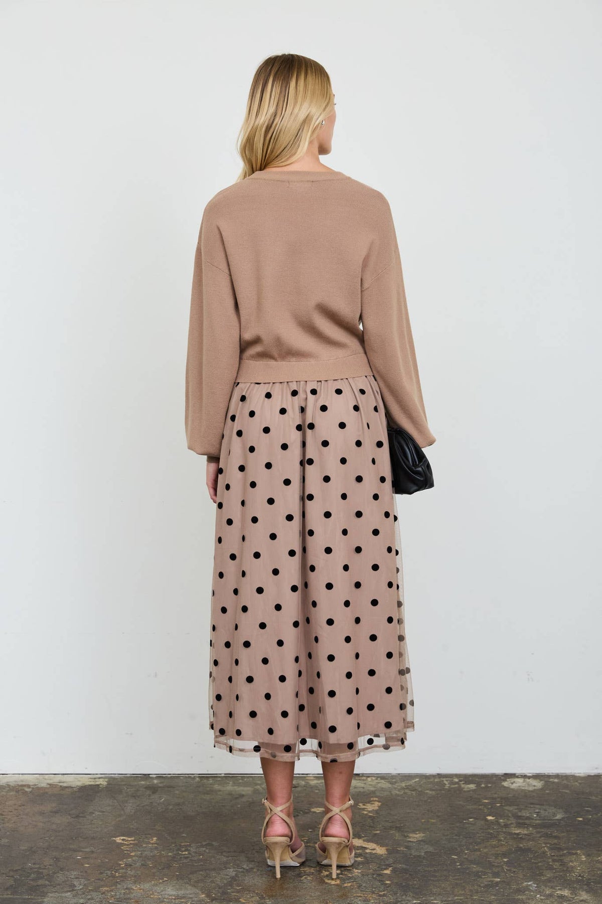 Twofer Sweater Midi Dress with Polka Dot Tiered Skirt