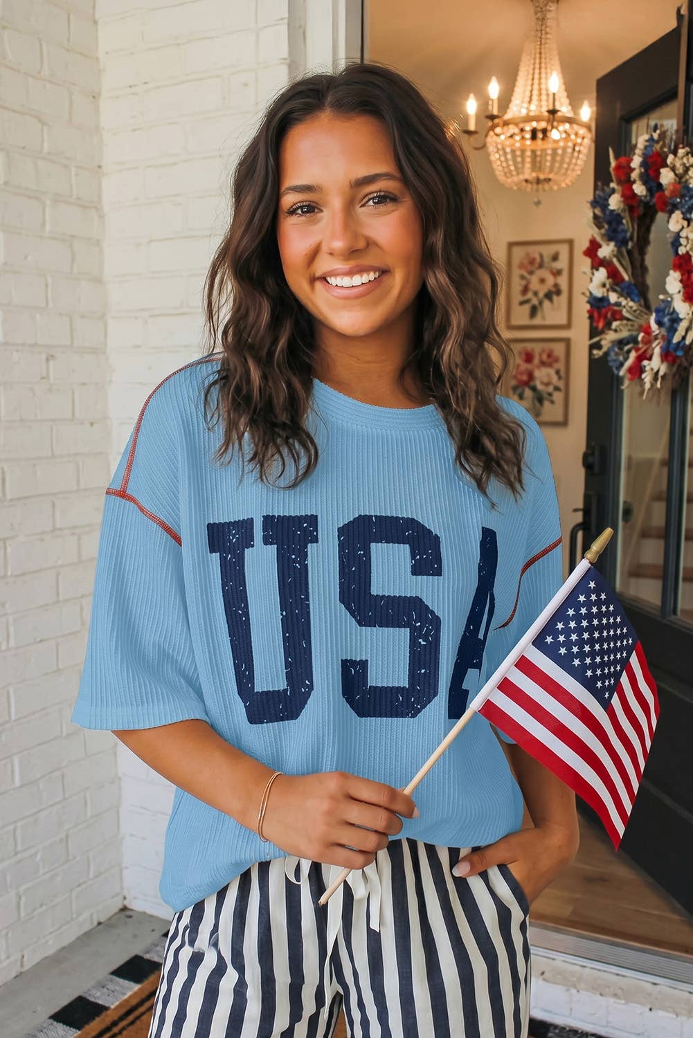 Blue USA Graphic Half Sleeve Loose Ribbed Top | Queen Bee Boutique