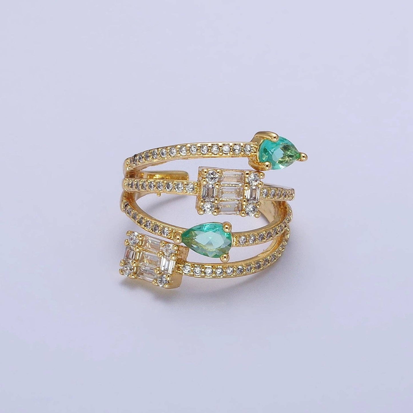 Aqua Tear Drop CZ Gold Wrap Baguette Stacking Ring