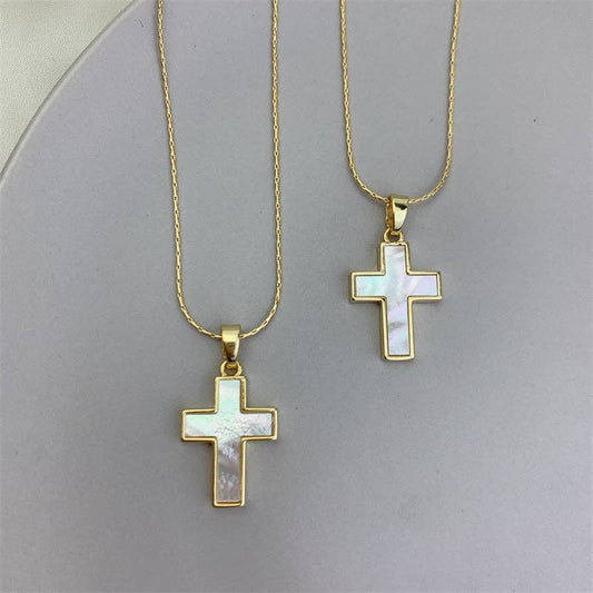 Gold Mother Of Pearl Cross Pendant Necklace