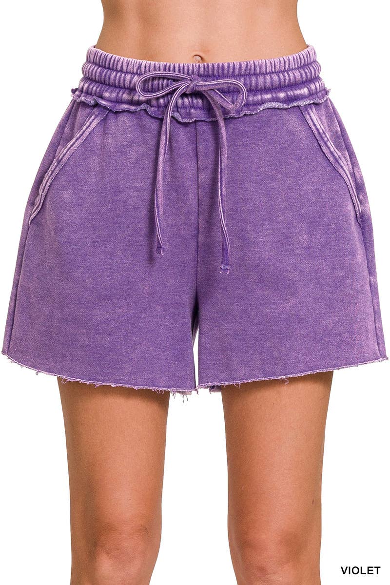 Acid Washed Fleece Shorts With Pockets