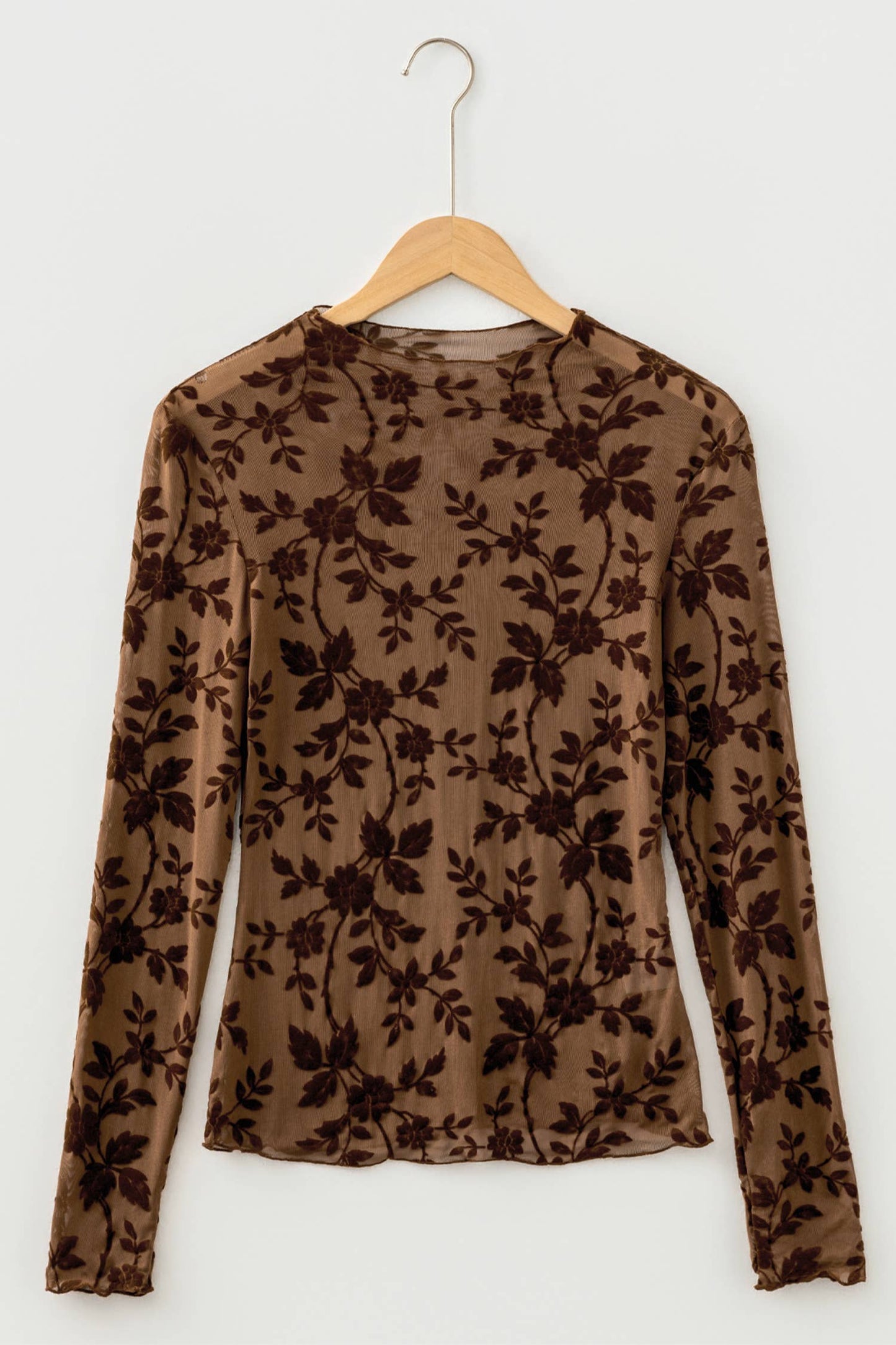Floral Print Mock Neck Sheer Mesh Long Sleeve Top