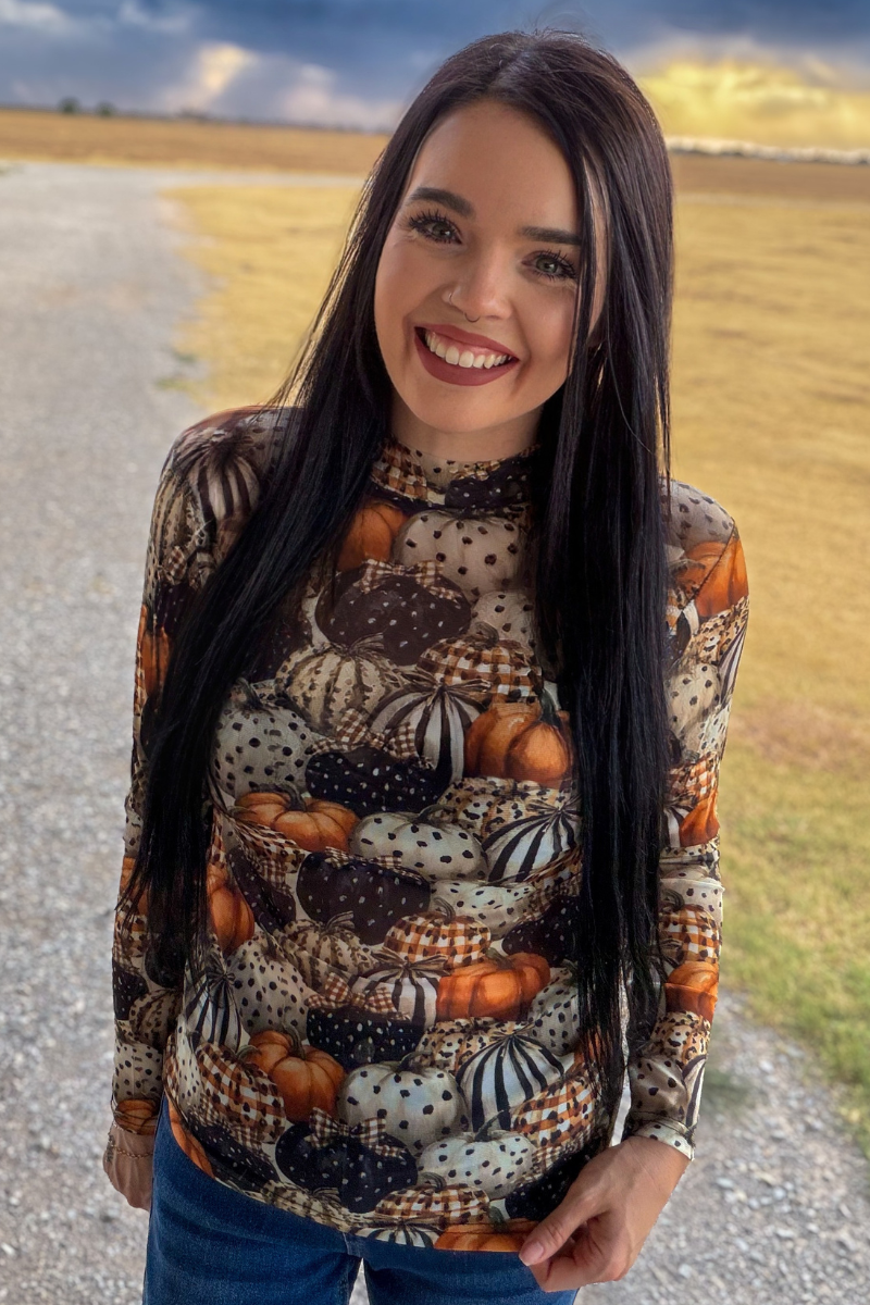 Fall Pumpkin Charm Mesh Top | Queen Bee Boutique