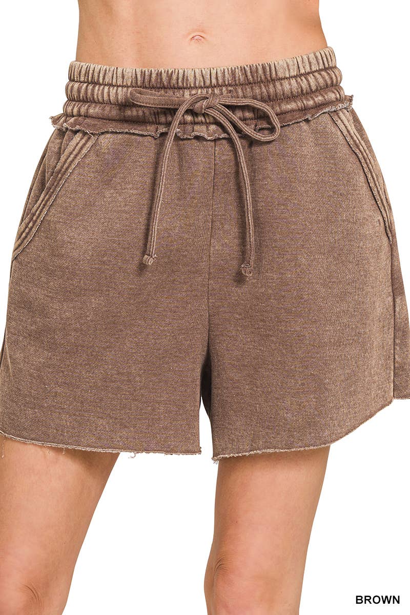 Acid Washed Fleece Shorts With Pockets