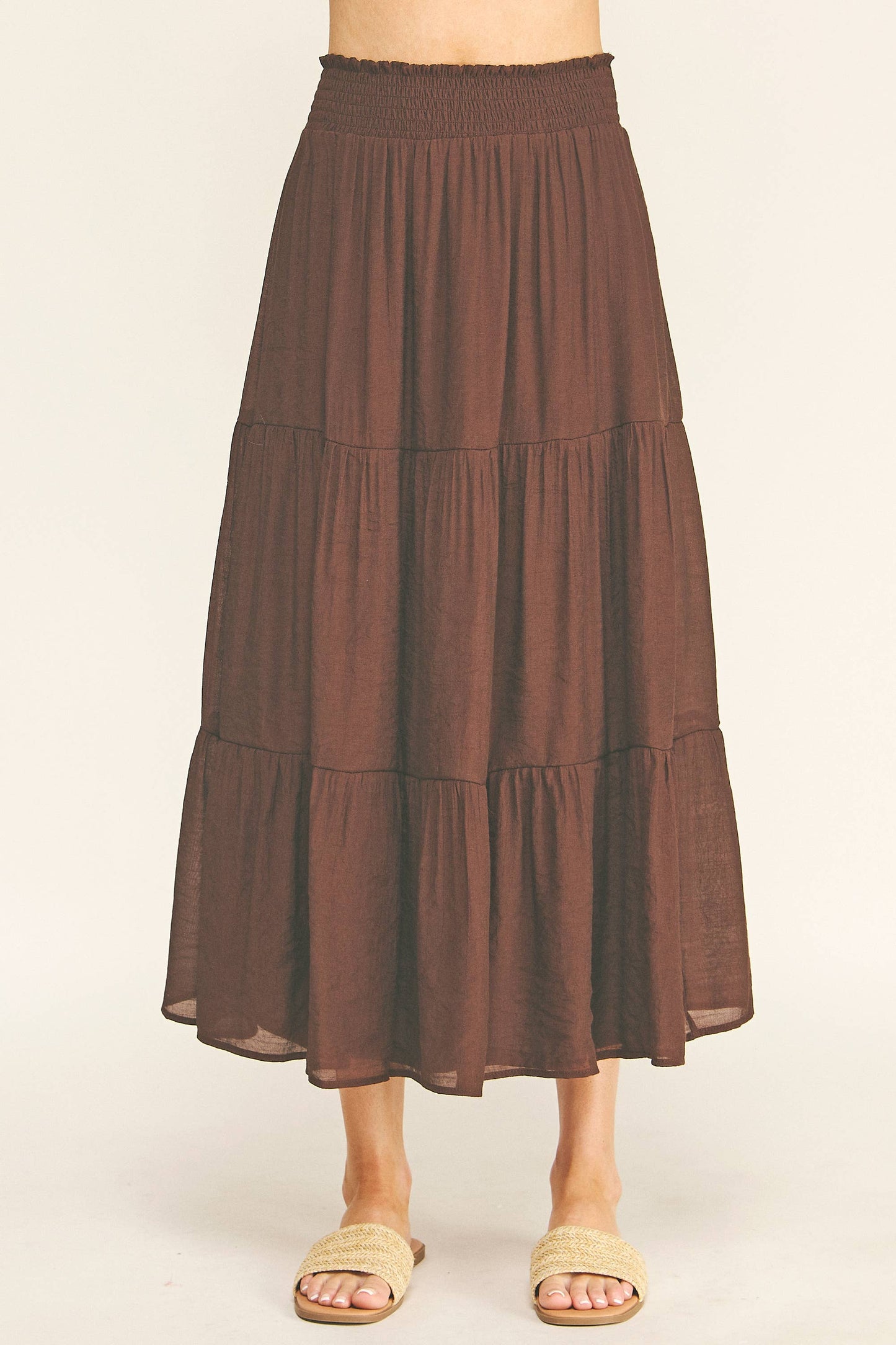 SMOCKED WAIST TIERED MAXI SKIRT | Queen Bee Boutique