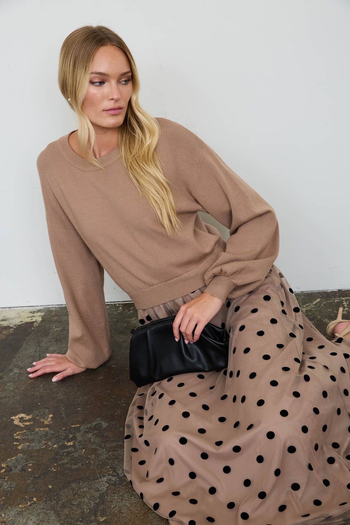 Twofer Sweater Midi Dress with Polka Dot Tiered Skirt