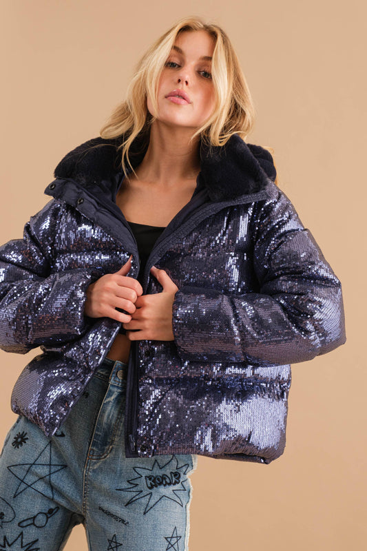 Sequin Puffer Quilted Fur Hooded Zip Up Coat