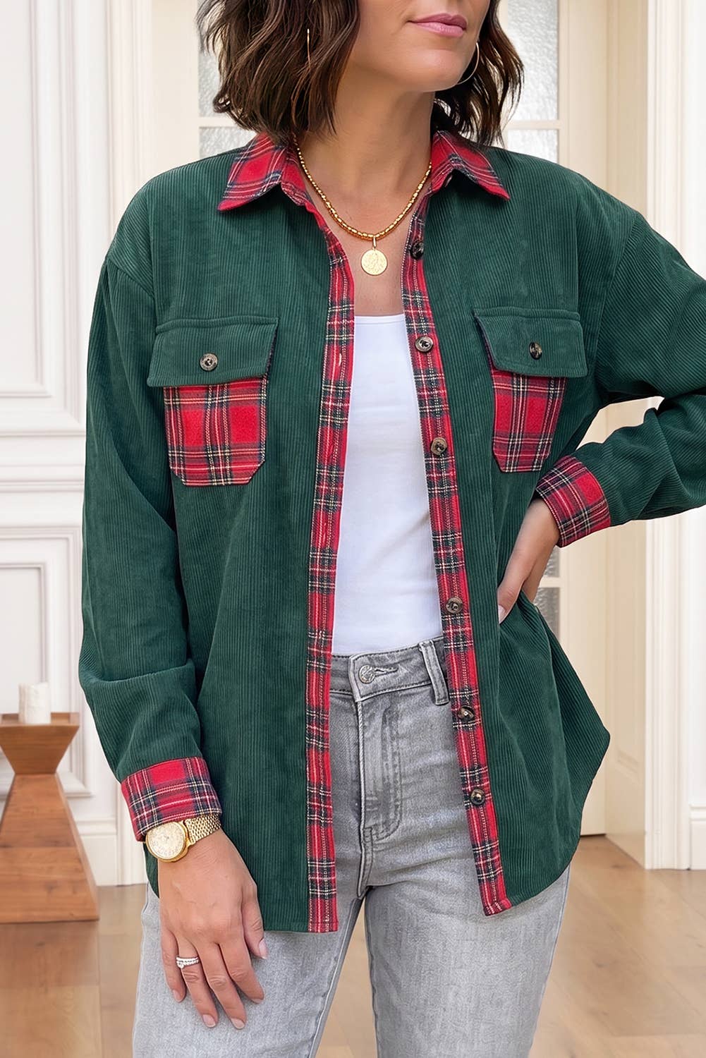 Green Red Plaid Pocket Button Long Sleeve Shacket | Queen Bee Boutique