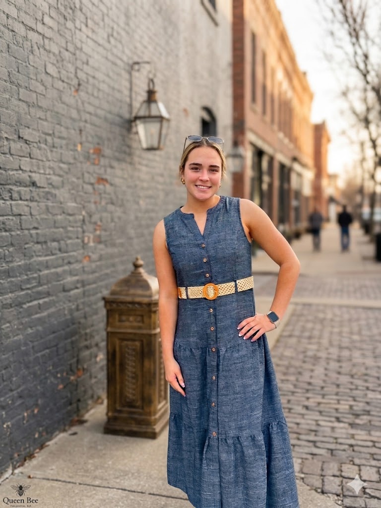 BUTTON DOWN BELTED SLEEVELESS TIERED MIDI DRESS | Queen Bee Boutique